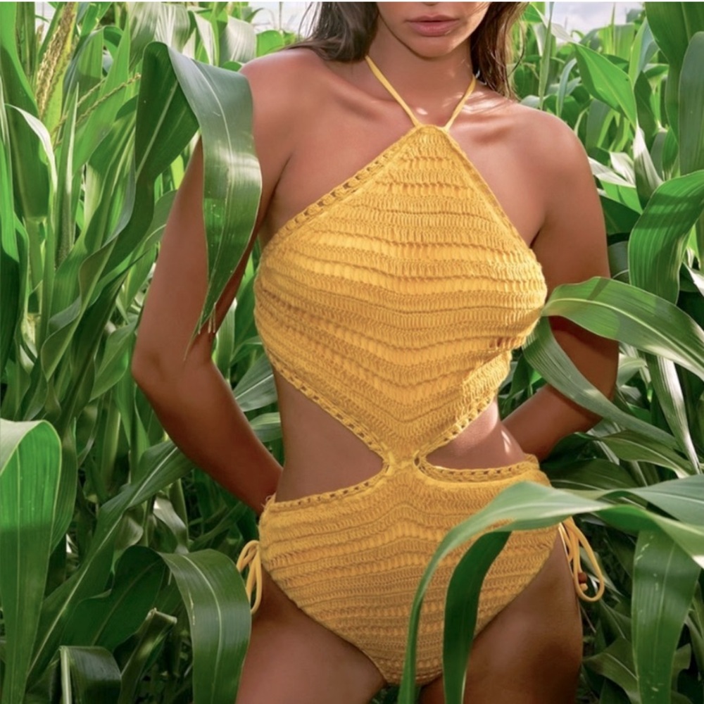 NWT WET $198 Ethical Jade Saffron Crochet One Piece Swimsuit Cut-Out Halter XS